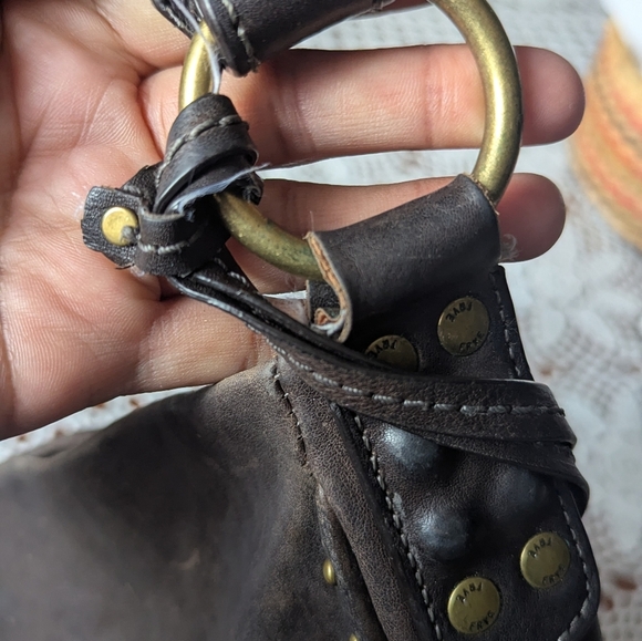 FRYE Dark Brown Leather Hobo Bag with Brass Accents - Picture 5 of 6